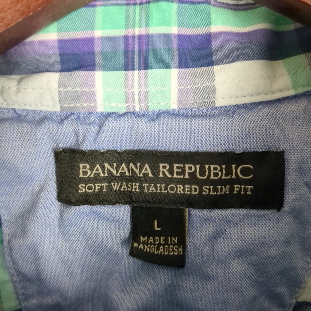 Banana Republic Mens Large Soft Wash Tailored Slim Fit Plaid‎ Button Down Shirt